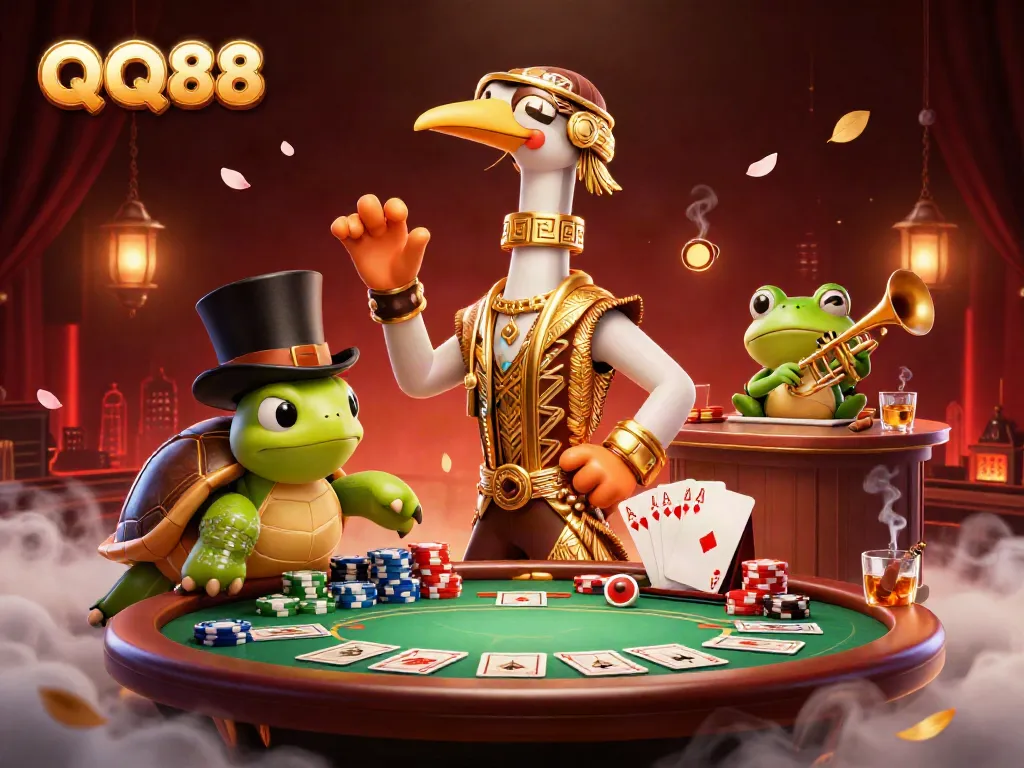 Engage with QQ88 at a vibrant speakeasy, where characters surround a poker table and celebrate the gambling experience.