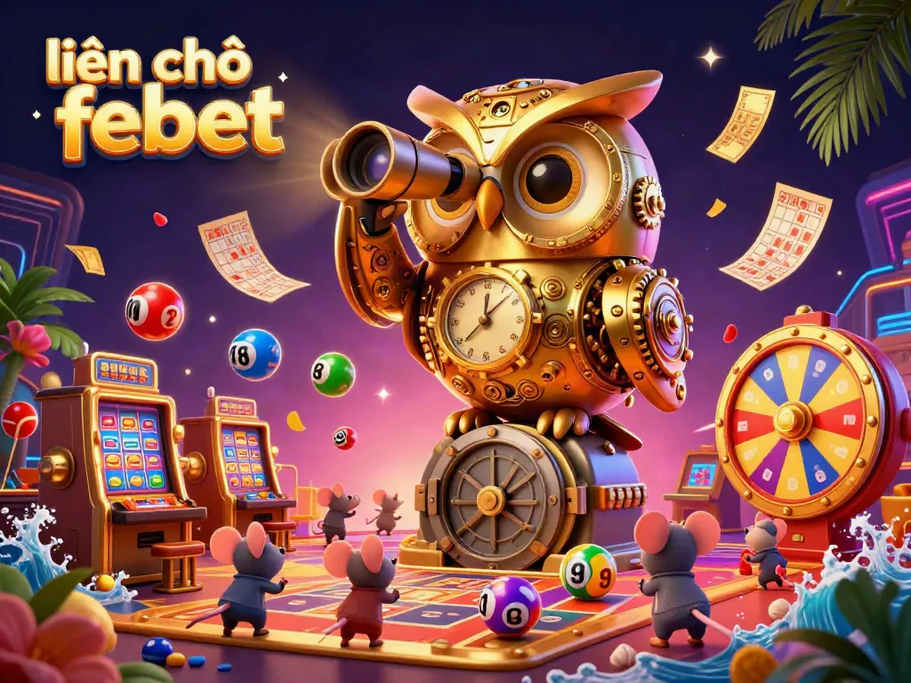 Engage in vibrant casino excitement with the liên hệ febet interactive illustration featuring a mechanical owl and lively elements.