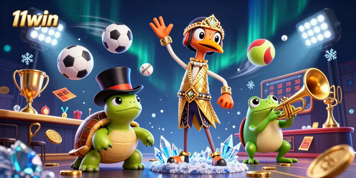Experience the thrill of winning at 11win with a lively casino scene featuring engaging characters and sports elements.