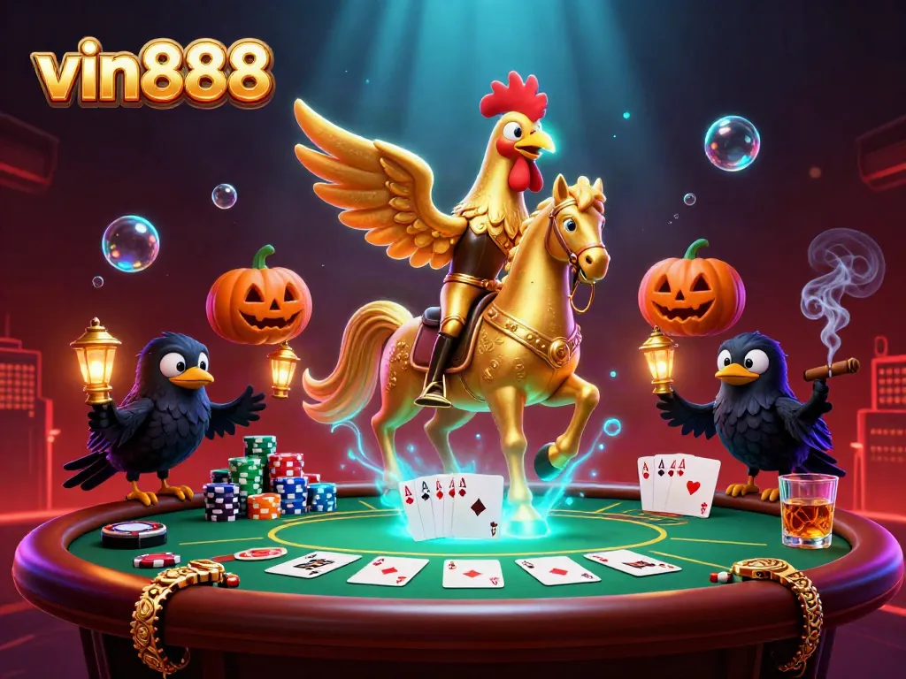 Experience the thrilling ambiance of vin888 with a 3D cartoon scene featuring a headless golden rooster and poker elements.