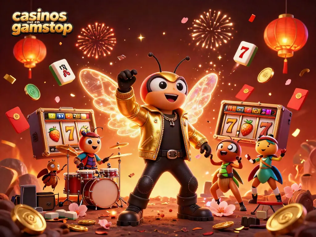 See the vibrant scene with the cicada rock star and slot reels celebrating casinos not on gamstop.
