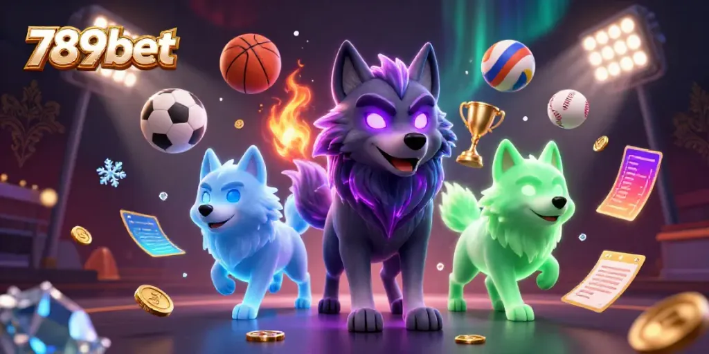 Experience the vibrant energy of 789bet through a dynamic illustration featuring ghostly wolves amidst sports betting elements.