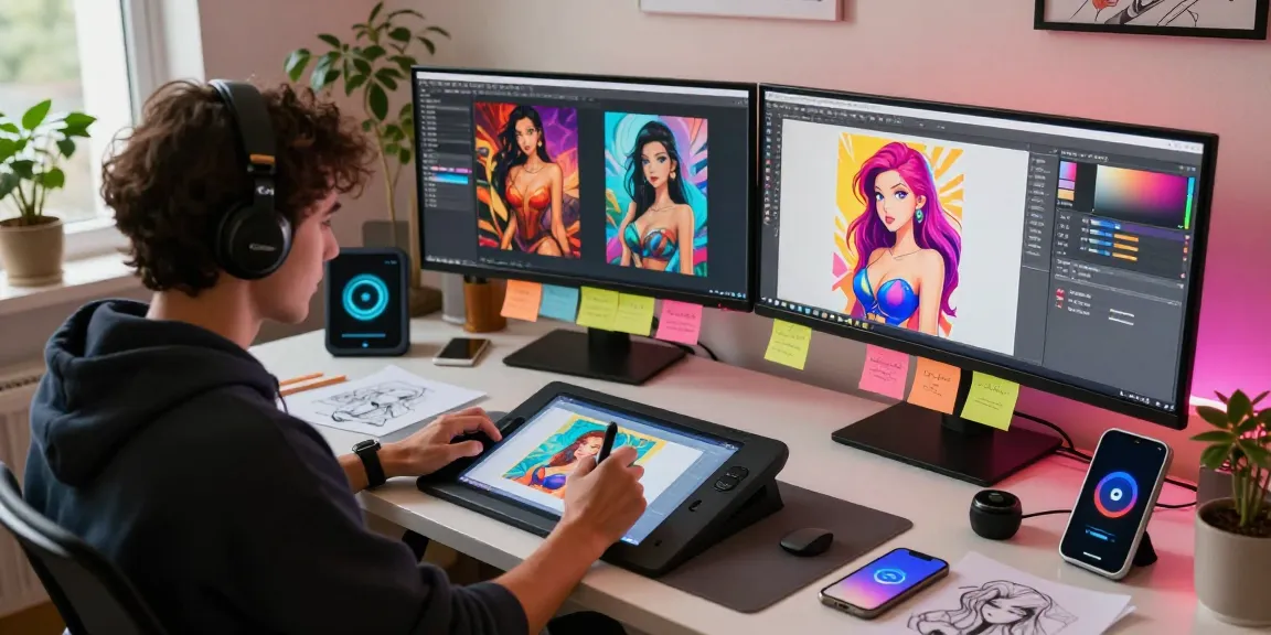 Artist using 18+ ai tools to create vibrant digital art in a contemporary studio.