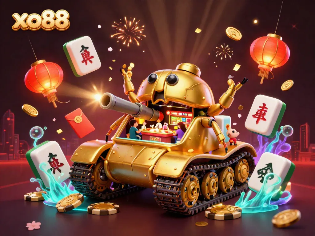 Experience adrenaline with xo88's vibrant casino inside a golden beetle tank, featuring dynamic gambling elements.