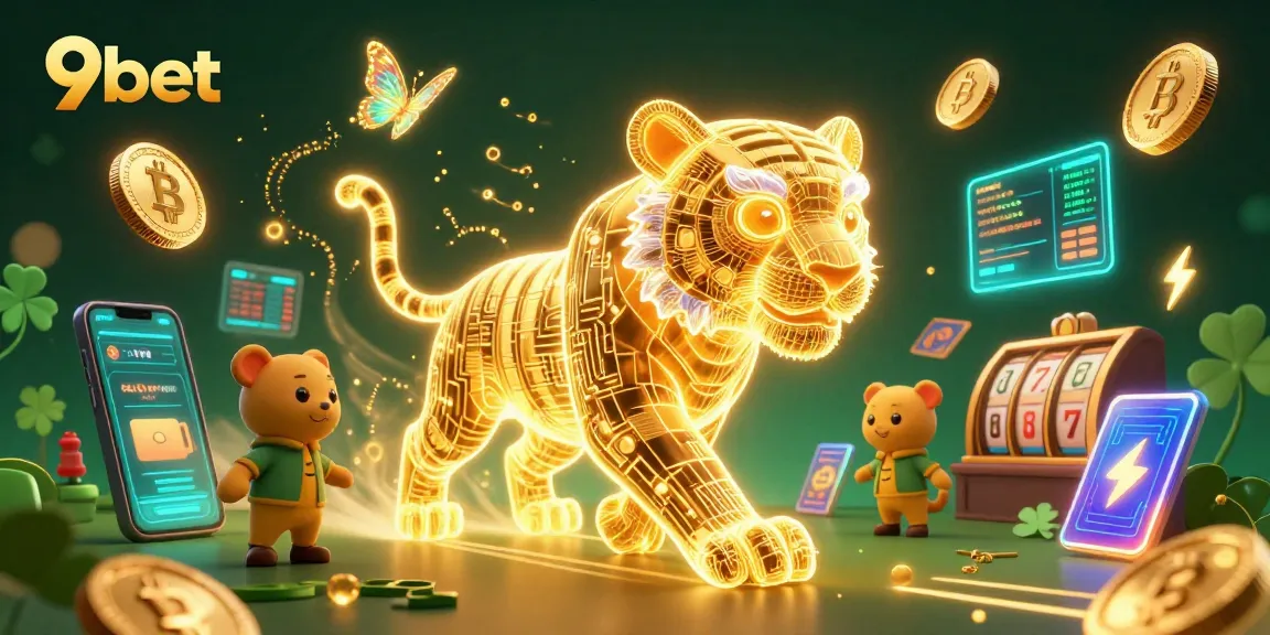 Experience the excitement of 9bet's vibrant casino world with a golden tiger and neon crypto elements.