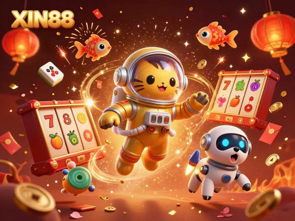 XIN88 showcases a vibrant casino scene with an astronaut cat and robot dog amidst dynamic gaming elements.