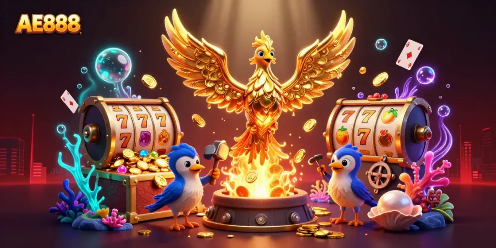 Experience the excitement of AE888 with a dynamic illustration of a golden phoenix and casino elements.