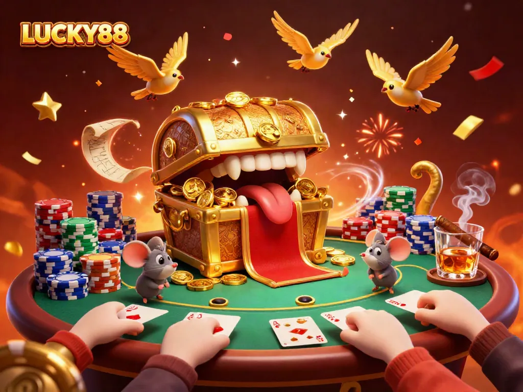 Win big with LUCKY88 at this animated casino scene filled with poker chips and golden treasure.
