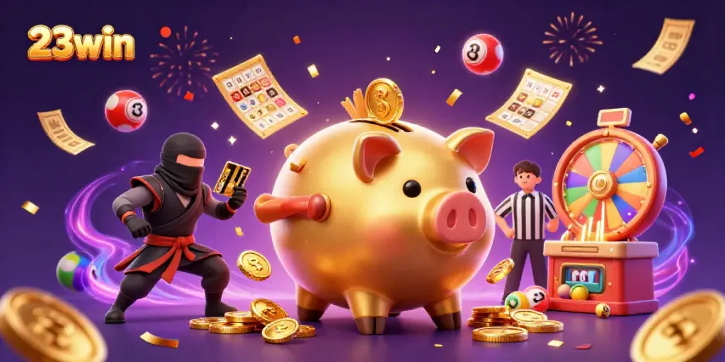 Experience thrilling gameplay with 23win featuring a dynamic casino scene of characters and prizes.
