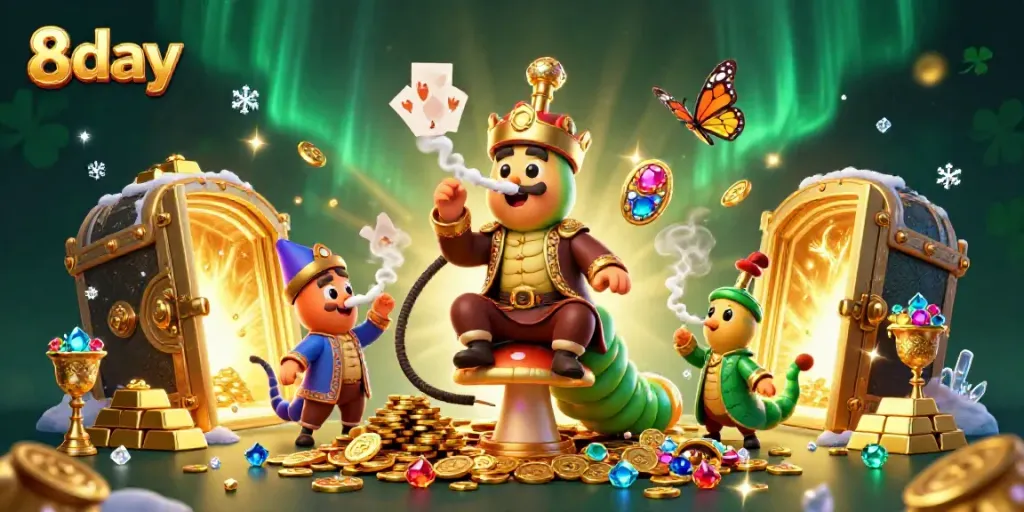 Experience dynamic 8day gaming with a caterpillar hookah-master in a casino treasure scene.