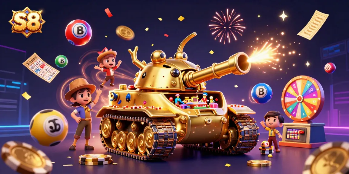 S8's eye-catching casino scene with a golden tank and vibrant lottery elements celebrates gaming excitement.