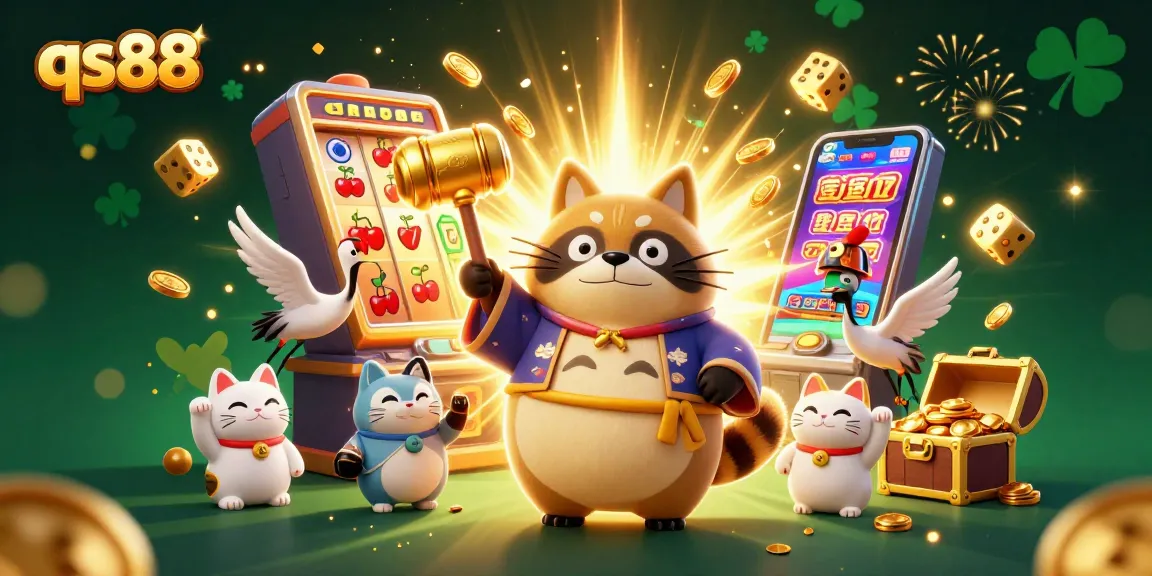 qs88 offers a vibrant display of luck with animated tanuki, fortune cats, and a jackpot scene.
