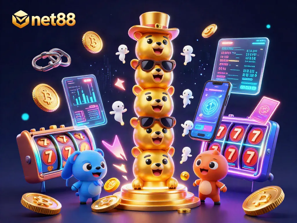 Place bets with net88 on a vibrant casino scene showcasing animated golden totem pole and crypto elements.