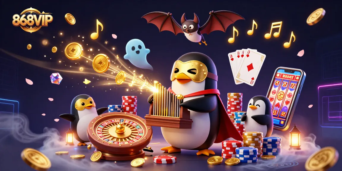Engage with 868VIP as the 3D cartoon penguin orchestrates golden gaming excitement.