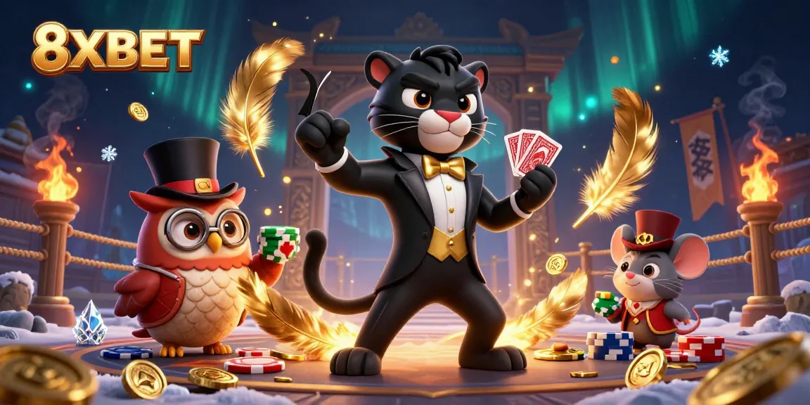 Experience thrilling gameplay at 8XBET featuring a panther dealer with poker chips and a lucky mouse.