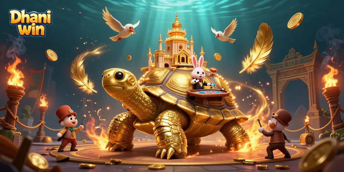 Dhani win casino game illustration featuring a giant tortoise with a casino on its shell