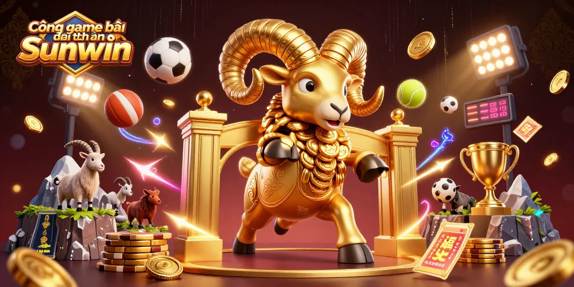 Cổng game bài đổi thưởng Sunwin offers thrilling gameplay featuring a golden ram charging through a bustling casino atmosphere.