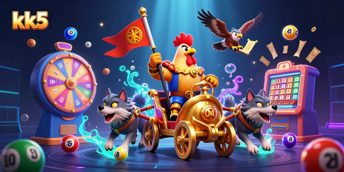 Experience the thrilling atmosphere of kk5 with a rooster warlord amidst colorful lottery elements and dynamic casino action.