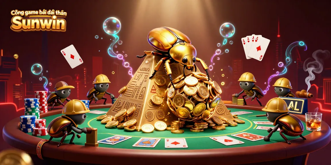 Cổng game bài đổi thưởng Sunwin showcases an adventurous scene of cartoon beetles playing at a vibrant casino.