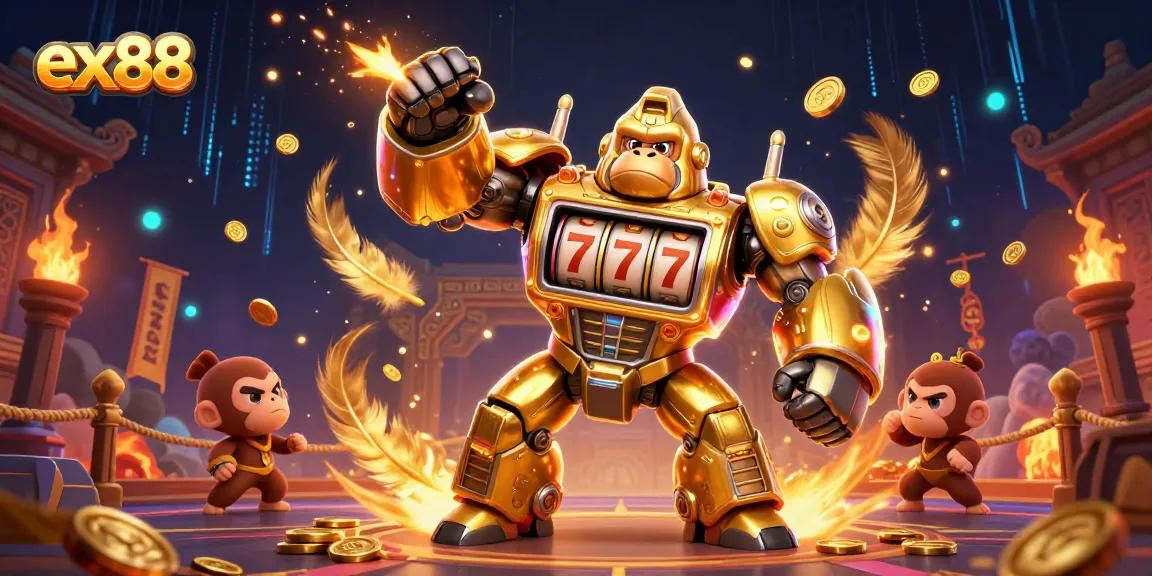 Experience exciting wins at ex88 casino, featuring a dynamic gaming scene with an epic golden gorilla mech.