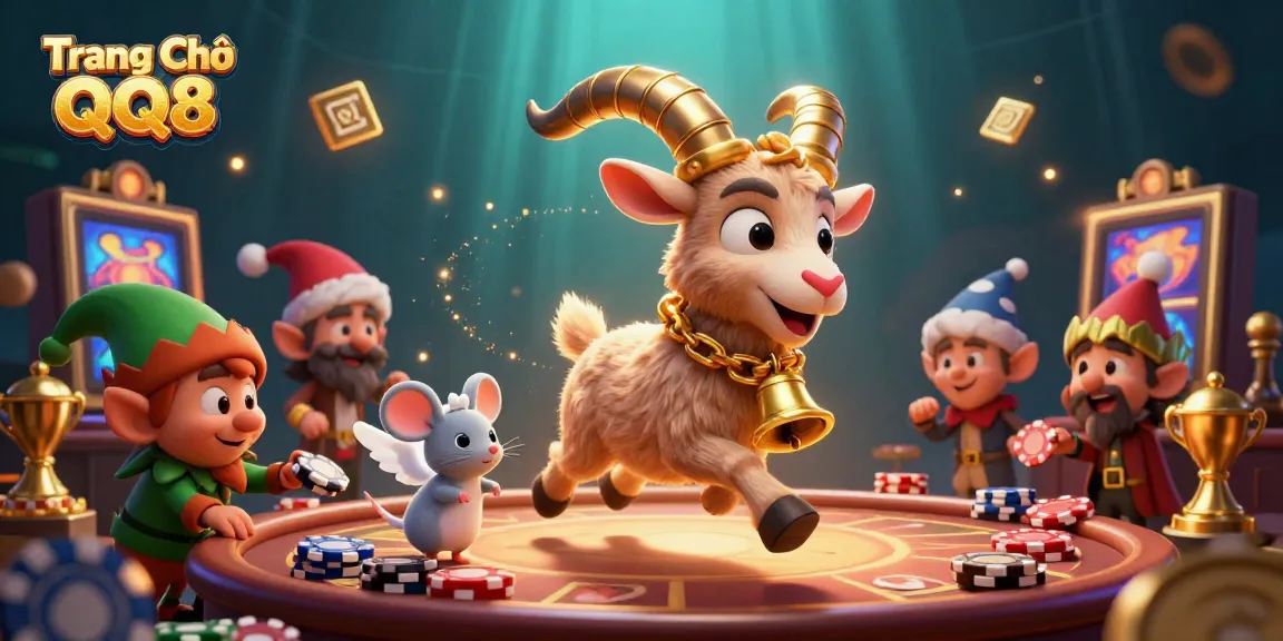 Engage in casino action at Trang Chủ QQ8 with vibrant 3D graphics and festive characters in a lively gaming atmosphere.