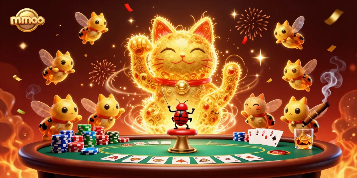 Experience the excitement of mmoo with a golden lucky cat and dynamic poker elements.