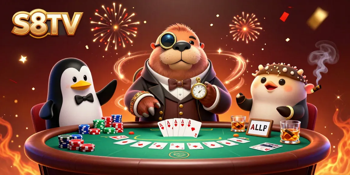 S8TV showcases intense poker action with a 3D walrus, penguin dealer, and pufferfish in a grand underwater setting.