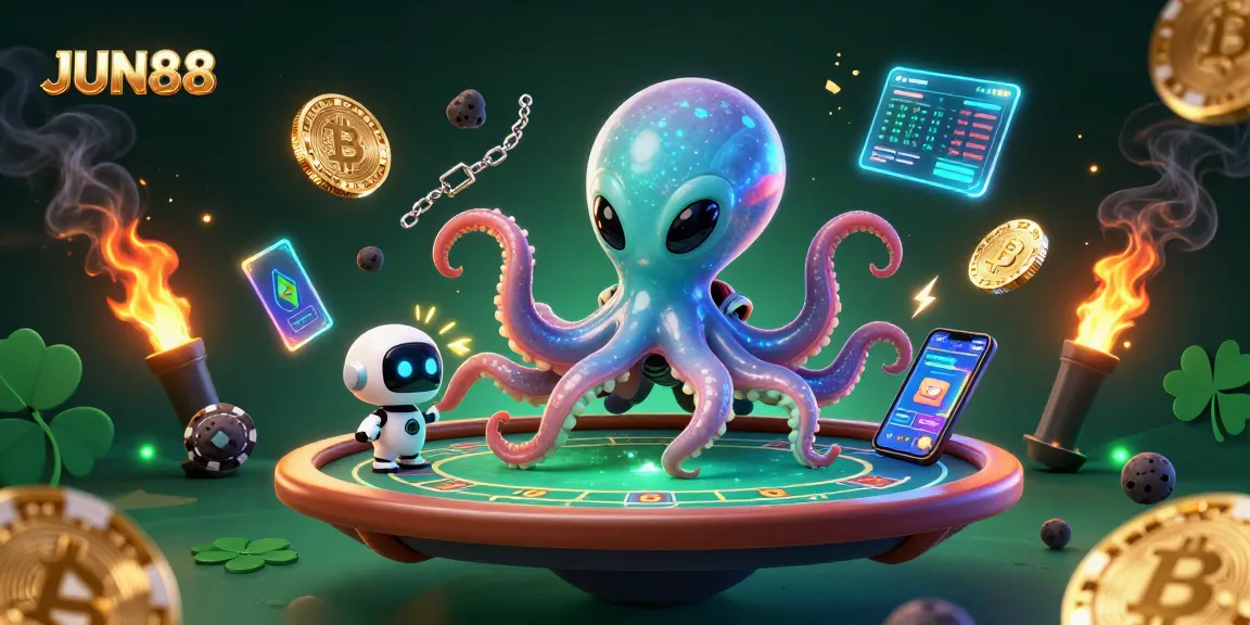Experience the thrilling world of JUN88 with an alien octopus at a holographic poker table.
