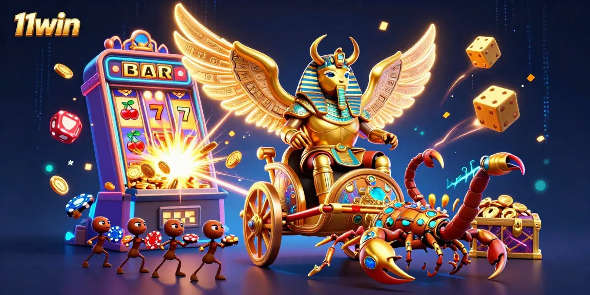 Engage with vibrant 11win casino thrills featuring animated characters, slot machine explosions, and jackpot excitement.