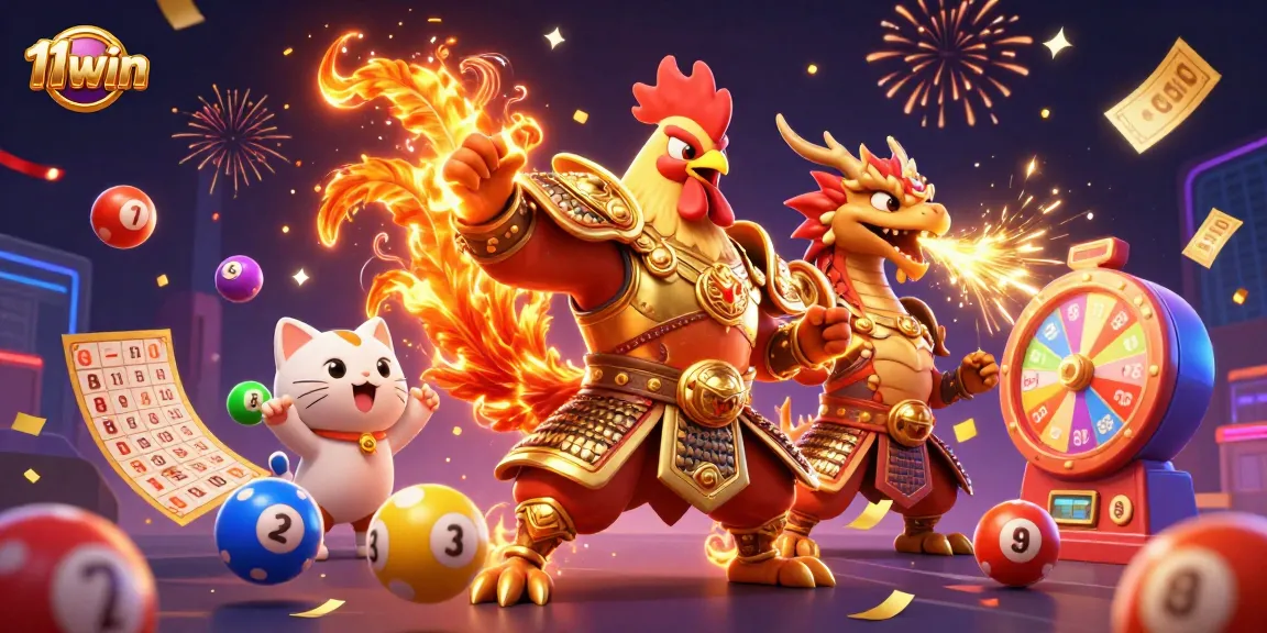 11win brings excitement as a rooster warrior and dragon hatchling celebrate with gambling games.