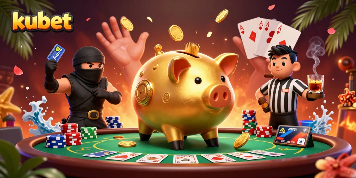 Engage in thrilling poker action at kubet with a golden piggy bank sumo wrestlers, coins flying everywhere!
