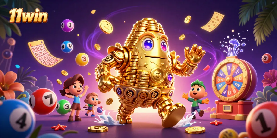 Engage with vibrant gaming excitement at 11win, a lively illustration of a golden golem amidst casino elements.