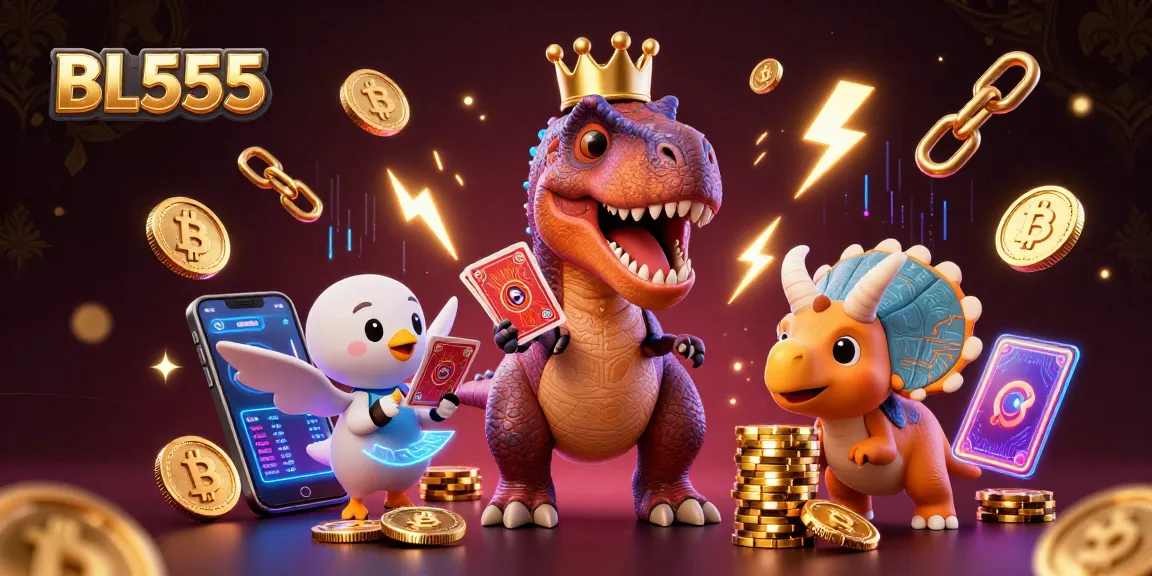 Engaging BL555 scene showcasing a T-Rex shuffling cards while friends stack chips and Bitcoin coins, perfect for gaming promotions