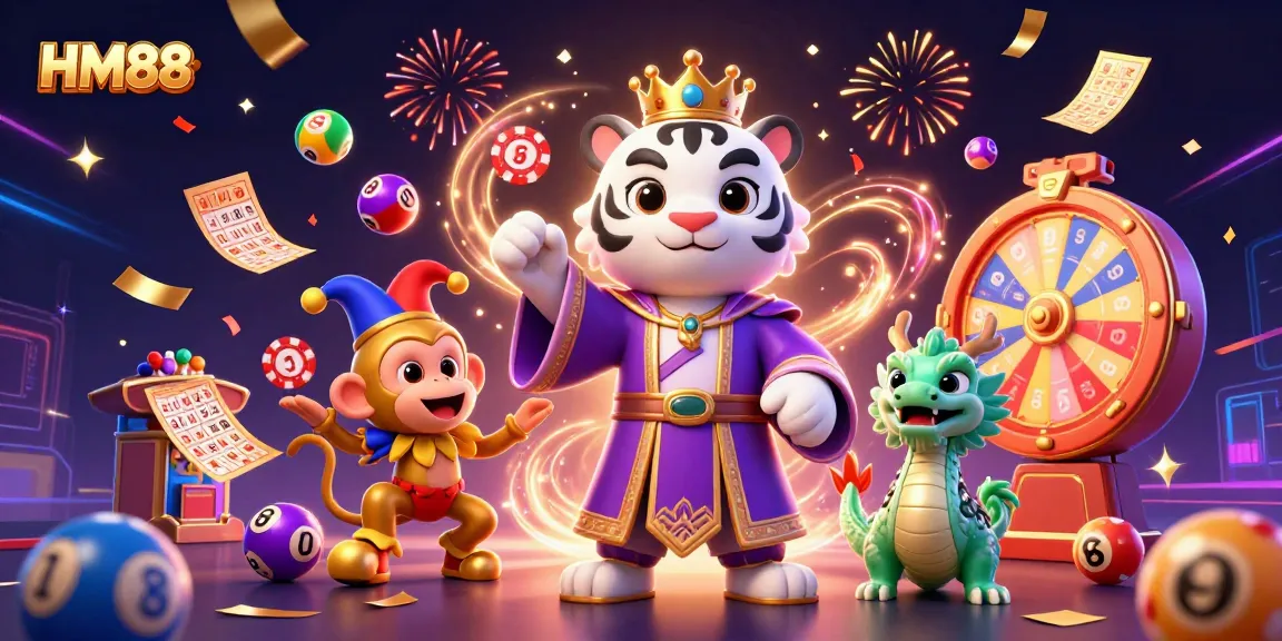 Join the excitement of HM88 with a lively 3D illustration featuring a regal tiger, playful monkey juggling, and colorful lottery elements.