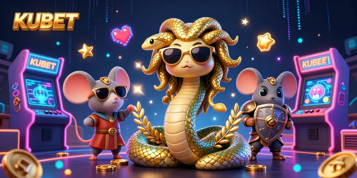 KUBET offers an entertaining casino experience with a friendly Medusa and warrior mouse in a dynamic gaming scene.