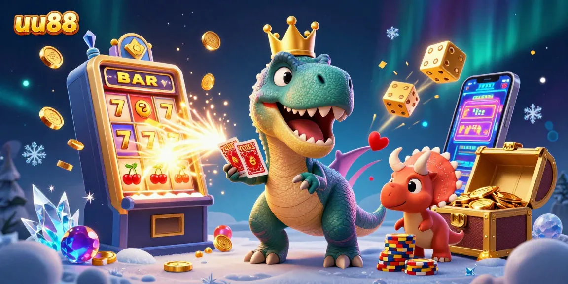 Experience the excitement of uu88 with an illustration of friendly dinosaurs in a vibrant casino setting.