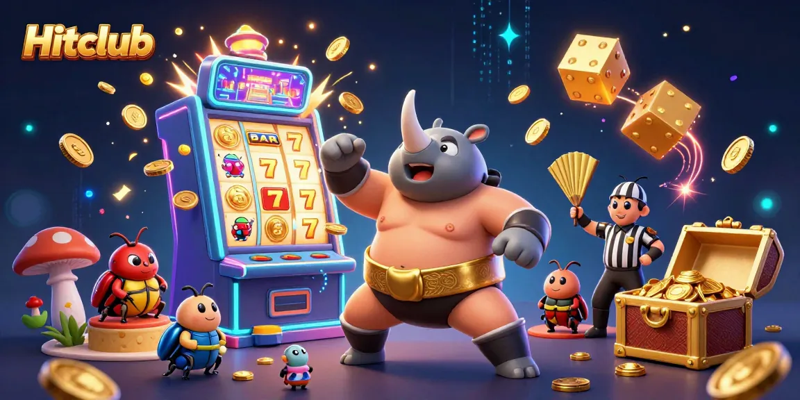 Hitclub showcases thrilling gameplay with a jackpot slot machine explosion and dynamic characters.