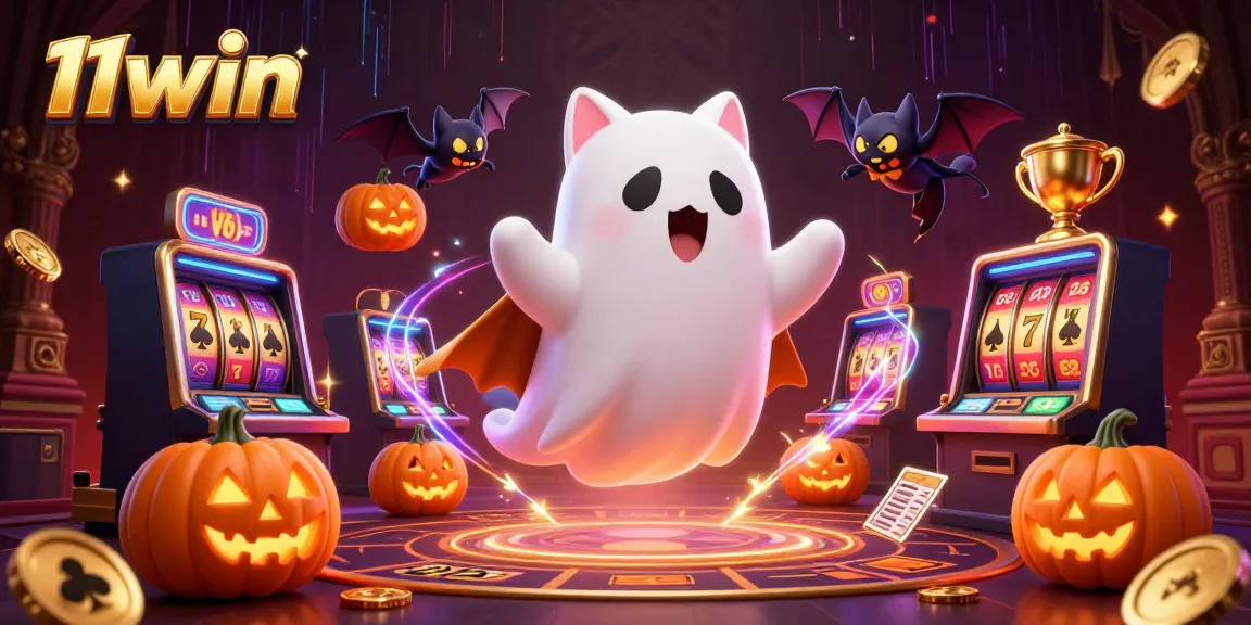 Win big with 11win in a vibrant haunted casino scene full of slots and glowing jack-o-lanterns.