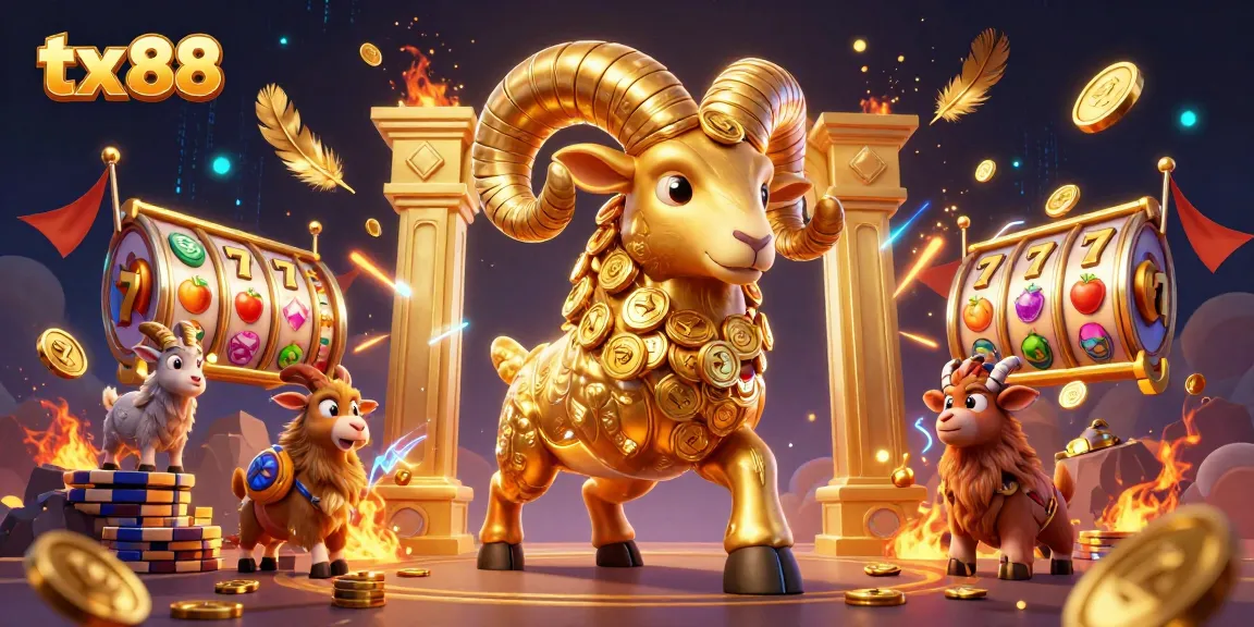 Experience the excitement of tx 88 with a dynamic 3D casino illustration featuring a golden ram and slot game elements.