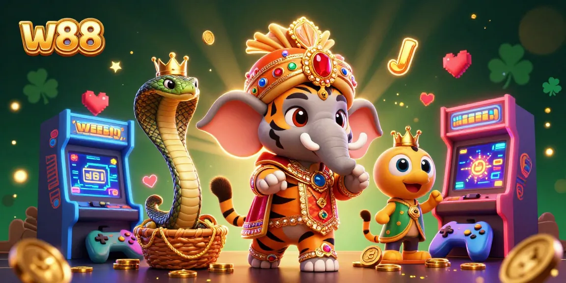 w88 highlights top online casino gaming with a vibrant scene showcasing colorful arcade games, a majestic tiger, and regal elements.