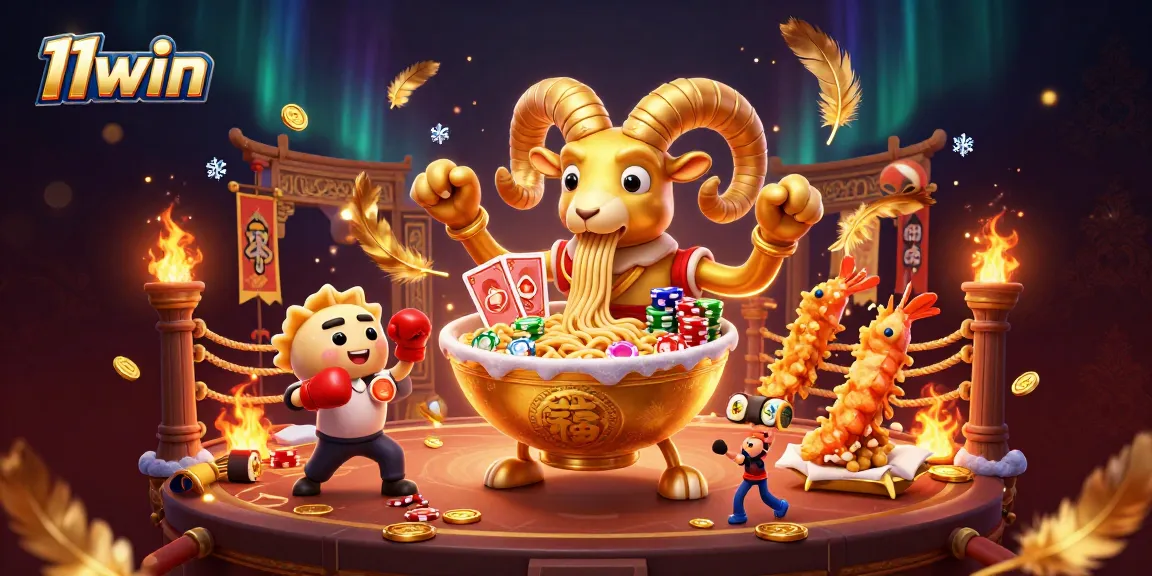 11win showcases a vibrant scene with a giant ramen bowl dealer and casino elements.