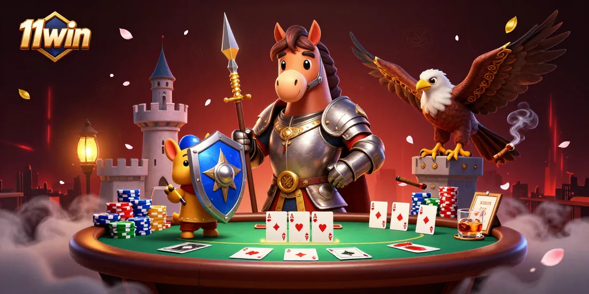 Experience the thrill of 11win with knights battling over poker chips and cards in a lively casino.