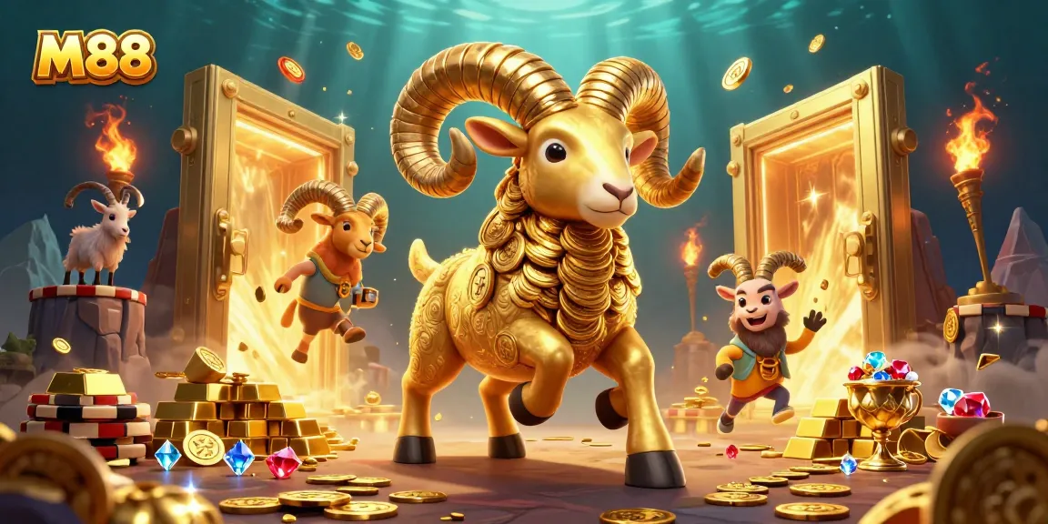 M88 offers thrilling gambling action with a majestic ram amidst golden treasures and jewels.